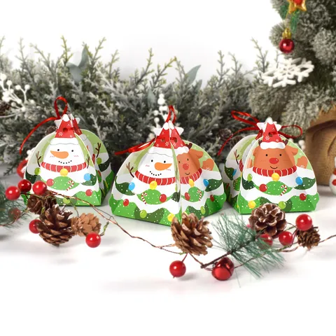 Christmas Pyramid Candy Boxes Cartoon Snowman Reindeer Pattern Festive Gift Packaging Boxes With Red Ribbon For Holiday Party Decor