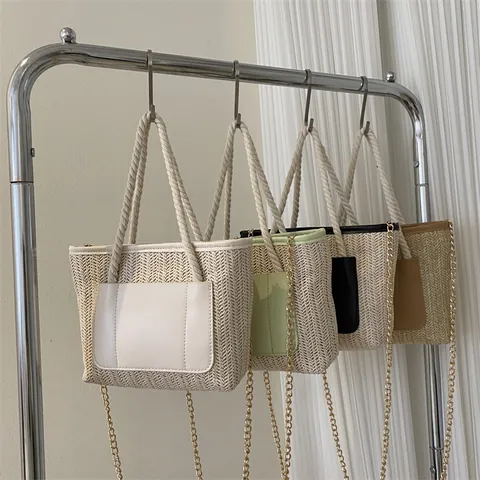 Mode Geflochtene Stroh Umhängetasche Für Damen Lässige Eimer Handtasche Mit Baumwollseil Griff Und Metallkette Riemen