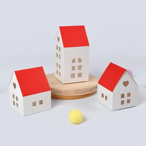 Creatieve Cadeauverpakking Papier Huisvorm Rood Dak Wit Hart Venster Voor Snoep Koekjes Kerstmis Bruiloft Feest