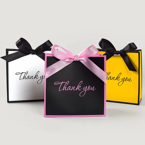 Kleine Quadratische Papiertüten Für Geschenke Mit Satinband Schleife Thank You Druck Karton Tragetaschen Für Hochzeit Party