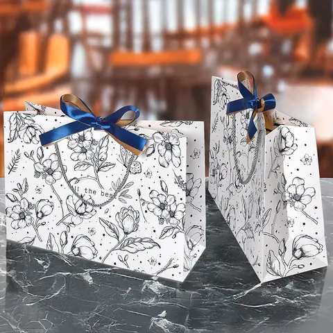 Elegant Floral Paper Gift Bag With Satin Bow Ribbon All The Best Print Cardboard Handheld Bag For Wedding Party Gift Wrap