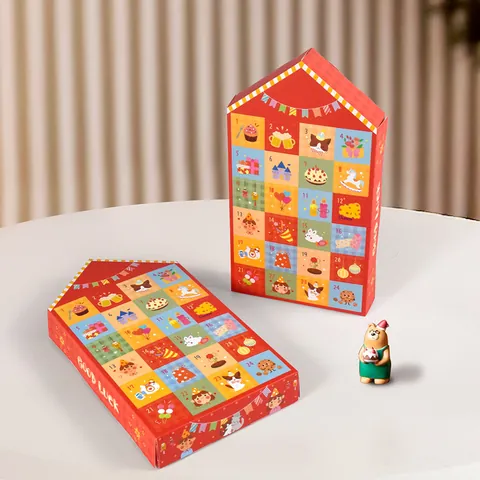 Kerstmis Adventskalender Geschenkdoos 24 Rasters Rode Huisvorm Cartoon Illustratie Countdown Verrassing Decoratie