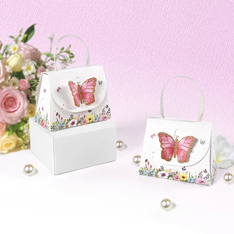 3D Schmetterling Handtaschenform Geschenkbox Weißer Karton Falten Bonbon Verpackungsbox Für Hochzeit Party Blumen Kleine Lippenstift Geschenktüte