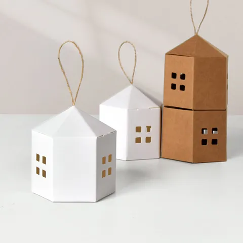 Minimalist House Shaped Paper Gift Box With Hemp Rope Handle Hollow Window Design For Wedding Party Birthday Small Treat Favor Boxes
