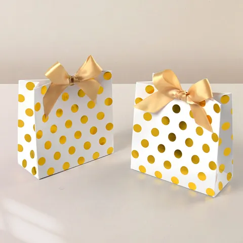 Bolsas de Regalo Con Puntos Dorados Y Lazo de Satén Para Boda Cumpleaños Cartulina Blanca Pequeñas Bolsas Empaque de Regalo