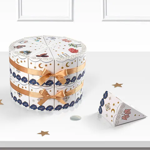 Kreative Dreieck Eid Mubarak Geschenkboxen Kuchenform Ramadan Süßigkeiten Verpackung Weißer Karton Mit Goldband Party