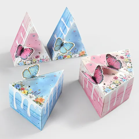 Creative Triangle Cake Slice Shape Candy Box 3D Butterfly Floral Print Cardboard Gift Packaging For Wedding Birthday Party