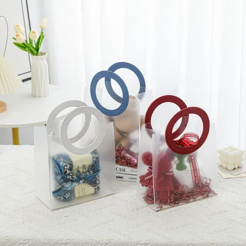 Sacchetto Regalo in PP Trasparente Smerigliato Con Manico in Pelle Rotondo Borsetta Portatile per San Valentino Matrimonio Festa