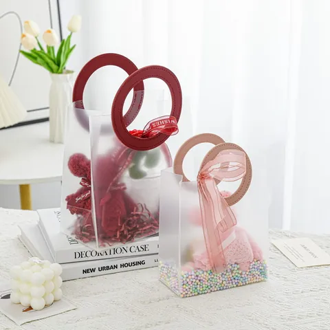 Sacchetto Regalo in PP Trasparente Smerigliato Con Manico in Pelle Rotondo Borsetta Portatile per San Valentino Matrimonio Festa