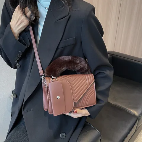Women's Fashion V-Shaped Quilted PU Leather Handbag With Faux Fur Handle And Detachable Mini Pouch Small Square Shoulder Bag