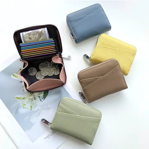 Portacarte da Donna in Pelle PU con Trama Litchi Minimalista Multislot a Fisarmonica con Cerniera Portamonete Compatto Quotidiano