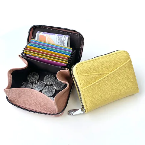 Portacarte da Donna in Pelle PU con Trama Litchi Minimalista Multislot a Fisarmonica con Cerniera Portamonete Compatto Quotidiano