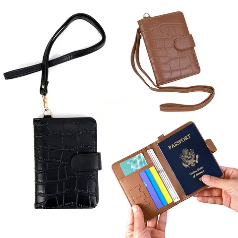 RFID Blocking Crocodile Pattern PU Leather Passport Holder Travel Wallet With Wristlet For Men Women Portable Card Case