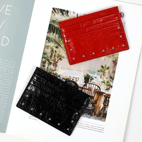Minimalist Crinkle Texture PU Leather Card Holder With Rivets D-Ring Ultra Thin Portable Multi Slot Wallet For Women