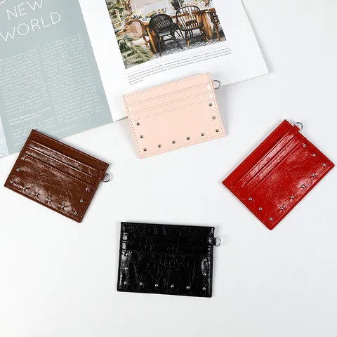 Minimalist Crinkle Texture PU Leather Card Holder With Rivets D-Ring Ultra Thin Portable Multi Slot Wallet For Women