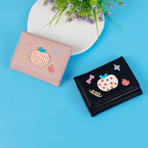 Korean Style Cute Apple Embroidery Women Trifold Wallet PU Leather Litchi Pattern Short Coin Purse Card Holder Wallet
