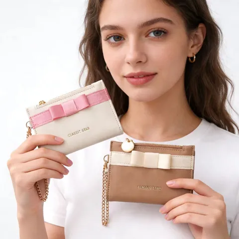 Women Bow Tie Mini Wallet PU Leather Card Holder Coin Purse With Metal Chain Elegant Korean Style Small Handbag Classic Star