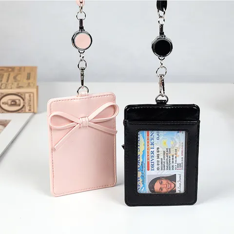 Porta Tesserino ID Retrattile in Pelle PU Con Decorazione a Fiocco Cordino per Donne Studenti Ufficio Lavoro Custodia per Carte