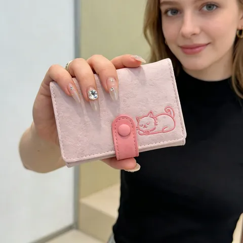 Women Cute Cat Small Wallet Textured PU Leather Three Fold Coin Purse Mini Animal Embroidered Wallet For Girls Travel Card Holder