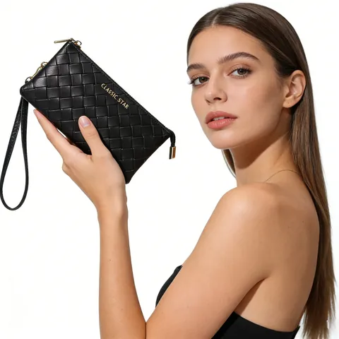 Damen Gewebte PU Leder Clutch Gesteppte Minimalistische Handtasche Lange Brieftasche Mit Handschlaufe Mode Telefon Tasche