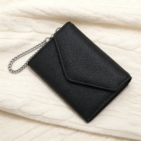 Damen Minimalistisch Litschi Muster PU Leder Geldbörse Faltbare Münztasche Kleine Umschlag Brieftasche Mit Silberkette