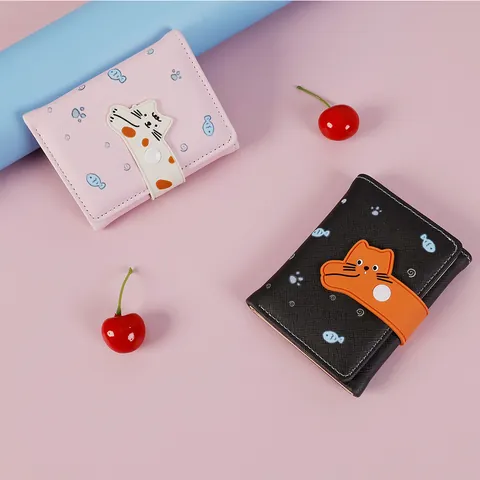 Simpatico Mini Portafoglio a Forma di Gatto per Donna in Pelle PU Portafoglio Corto a Tre Ante con Slot per Schede