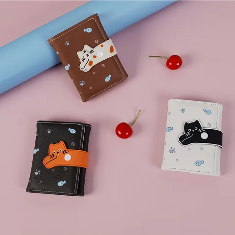 Simpatico Mini Portafoglio a Forma di Gatto per Donna in Pelle PU Portafoglio Corto a Tre Ante con Slot per Schede