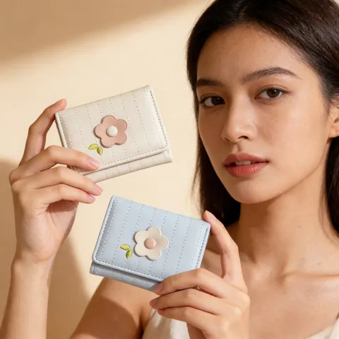 Petit Portefeuille pour Femmes Style Coréen avec Fleurs Couleur Macaron Cuir PU Plié en Trois Porte-cartes Compact