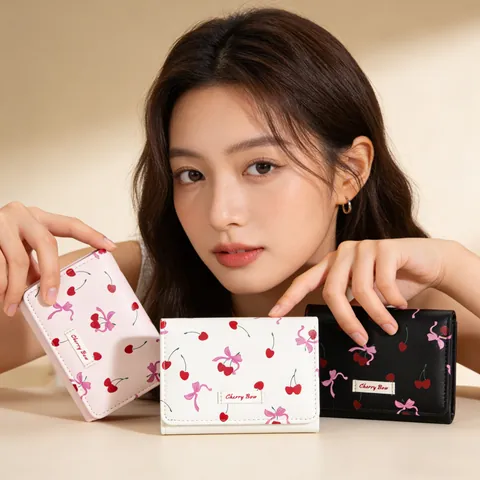 Cute Cherry Bow Print Women Short Tri-fold Wallet PU Leather Small Card Holder Coin Purse Portable Fashion Bag
