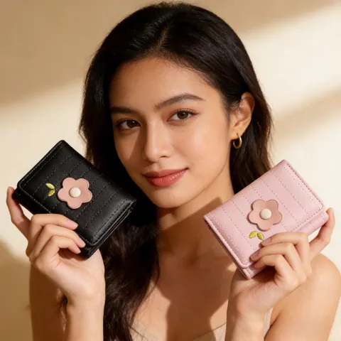 Petit Portefeuille pour Femmes Style Coréen avec Fleurs Couleur Macaron Cuir PU Plié en Trois Porte-cartes Compact