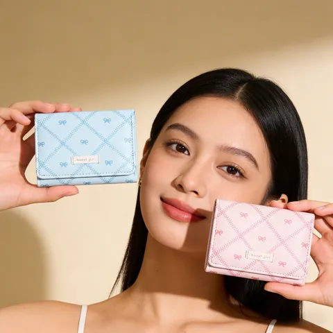 Women Short Trifold Wallet Bow Pattern Quilted PU Leather Macaron Color Small Money Clip Card Holder Purses