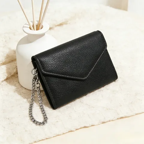 Damen Minimalistisch Litschi Muster PU Leder Geldbörse Faltbare Münztasche Kleine Umschlag Brieftasche Mit Silberkette