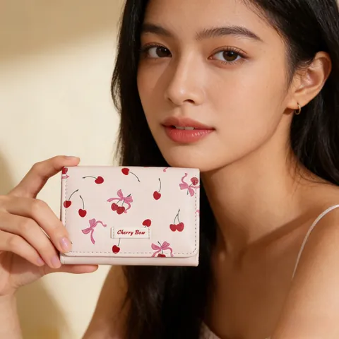 Cute Cherry Bow Print Women Short Tri-fold Wallet PU Leather Small Card Holder Coin Purse Portable Fashion Bag