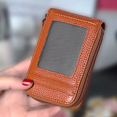 Porte-cartes Femme Protection RFID Cuir PU Grain de Litchi Portefeuille Accordéon avec Fermeture Éclair Multi Emplacements