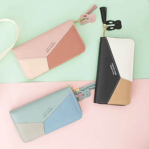 Women's Long Wallet Geometric Colorblock PU Leather Zipper Clutch Tassel Rabbit Charm Phone Pouch Large Capacity Purse