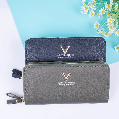 Damen Lange Brieftasche Doppelreißverschluss PU Leder Große Kapazität Handytasche Mit Handgelenkschlaufe Litschikorn Buchstabendruck