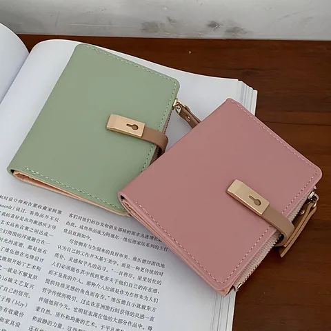 Women Pebble Grain PU Leather Short Wallet Bifold Zipper Coin Purse Small Money Bag With Gold Keyhole Buckle Card Holder