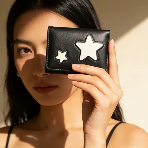 Cartera de Mujer Mini Estrellas de Cuero PU Plegado Triple Color Macaron Monedero Corto Con Ranuras para Tarjetas
