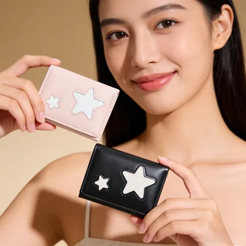 Cartera de Mujer Mini Estrellas de Cuero PU Plegado Triple Color Macaron Monedero Corto Con Ranuras para Tarjetas
