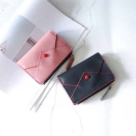 Portefeuille Court en Cuir PU pour Femmes Motif Coeur Design Pliable Porte-cartes à Fermeture Éclair Petit Sac à Main de Mode