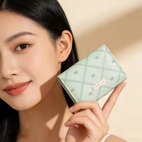 Women Short Trifold Wallet Bow Pattern Quilted PU Leather Macaron Color Small Money Clip Card Holder Purses