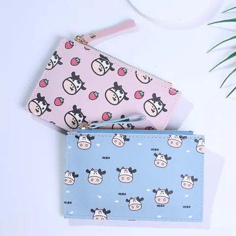 Cute Cartoon Cow Print Women's PU Leather Coin Purse Ultra Thin Mini Zipper Card Holder Wallet For Girls Kids Jewelry Gift