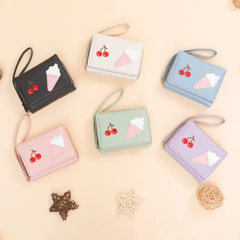 Cute Cartoon Ice Cream Cherry Embroidery Women Short PU Wallet Tri-fold Small Coin Purse Multi Card Slot Wallet With Wrist Strap