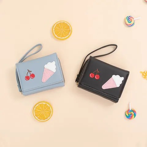 Cute Cartoon Ice Cream Cherry Embroidery Women Short PU Wallet Tri-fold Small Coin Purse Multi Card Slot Wallet With Wrist Strap