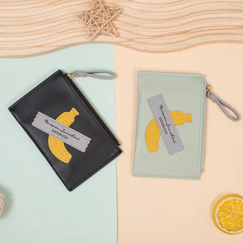 Women Cute Banana Pattern PU Leather Coin Purse Small Zipper Wallet Mini Card Holder With Hand Strap For Daily Use