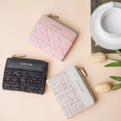 Women Short Quilted Tweed Wallet Elegant PU Leather Coin Purse Splicing Zipper Card Holder Multiple Slots Mini Fashion Purse