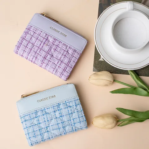 Women Short Quilted Tweed Wallet Elegant PU Leather Coin Purse Splicing Zipper Card Holder Multiple Slots Mini Fashion Purse