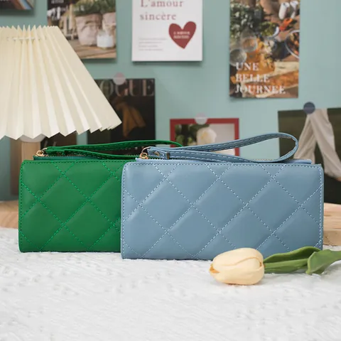 Cartera Larga de Cuero PU Acolchado para Mujer Gran Capacidad Múltiples Ranuras para Tarjetas Bolso de Mano con Cremallera y Correa de Muñeca Color Sólido