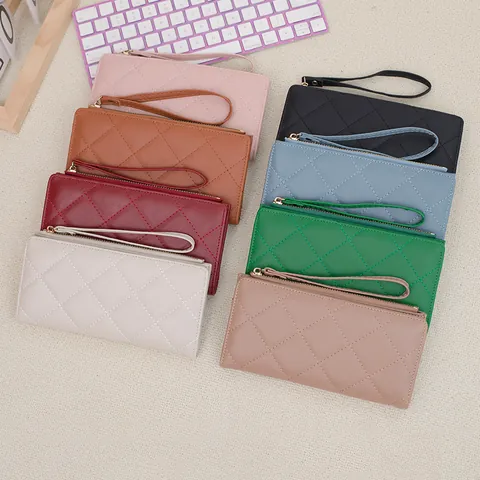 Cartera Larga de Cuero PU Acolchado para Mujer Gran Capacidad Múltiples Ranuras para Tarjetas Bolso de Mano con Cremallera y Correa de Muñeca Color Sólido