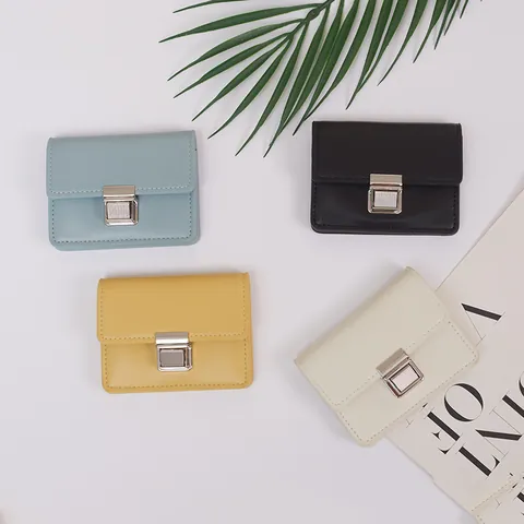 Dames PU Lederen Korte Portemonnee Kleine Minimalistische Kaarthouder Munt portemonnee Met Metalen Gesp Effen Macaron Kleur Mode Handtas